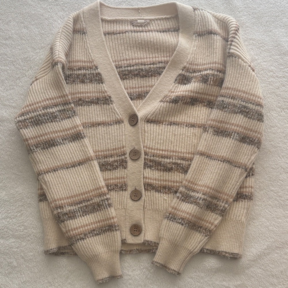 Hem & Thread Cream Striped V-Neck Button Cardigan